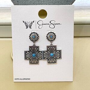 New Jessica Simpson Earrings Cross Silver Turquoise Blue Dangle Drop NWT